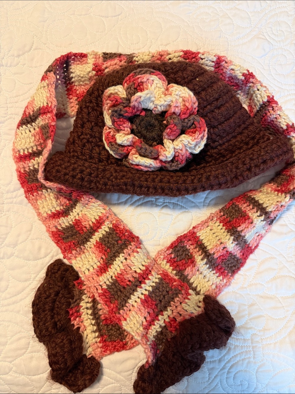 Hand Crafted Brown, Pink & Cream Crochet Hat and Scarf Set with Flower